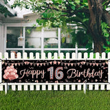 Rose Gold Sweet 16 Birthday Banner, Outdoor Yard Sign for Girls 16th Celebration