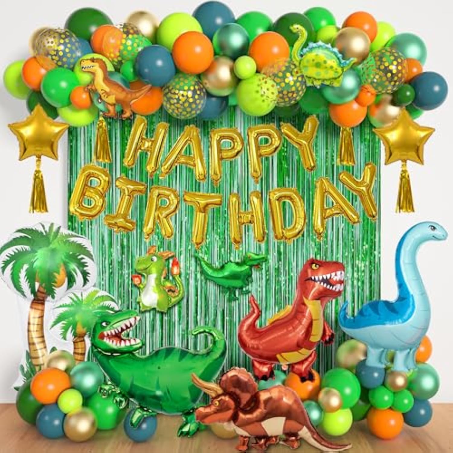 Dinosaur Birthday Party Decorations Supplies, 125Pcs Dinosaur Green Orange Blue Balloons Garland Arch Kit Happy Birthday Dino Foil Balloon Curtain For Kids Boys Dino Jungle Safari Baby Shower Party
