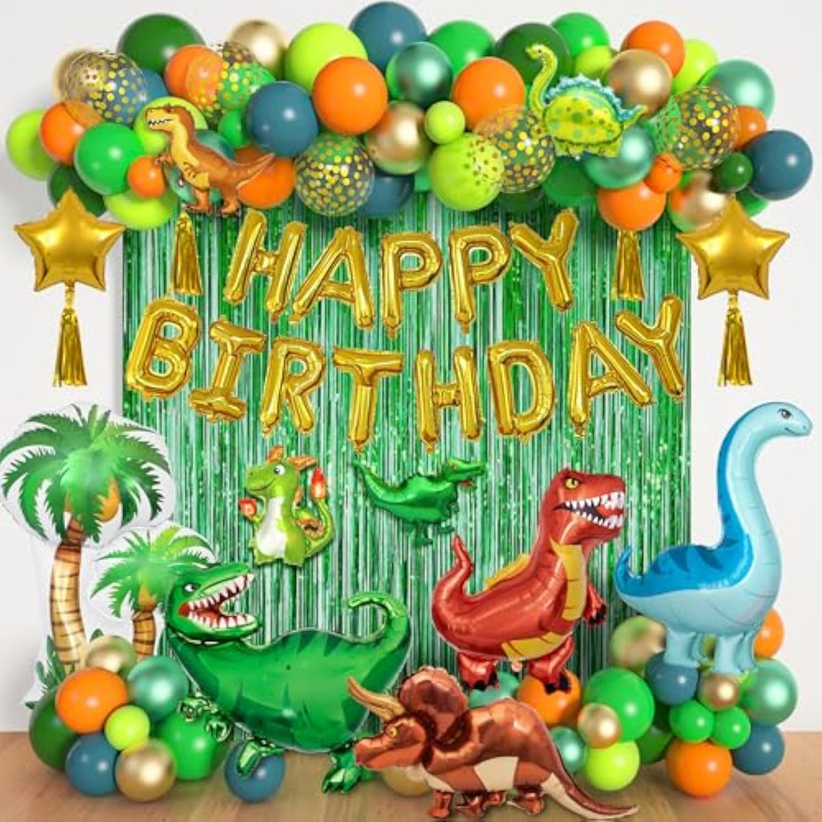 Dinosaur Birthday Party Decorations Supplies, 125Pcs Dinosaur Green Orange Blue Balloons Garland Arch Kit Happy Birthday Dino Foil Balloon Curtain For Kids Boys Dino Jungle Safari Baby Shower Party