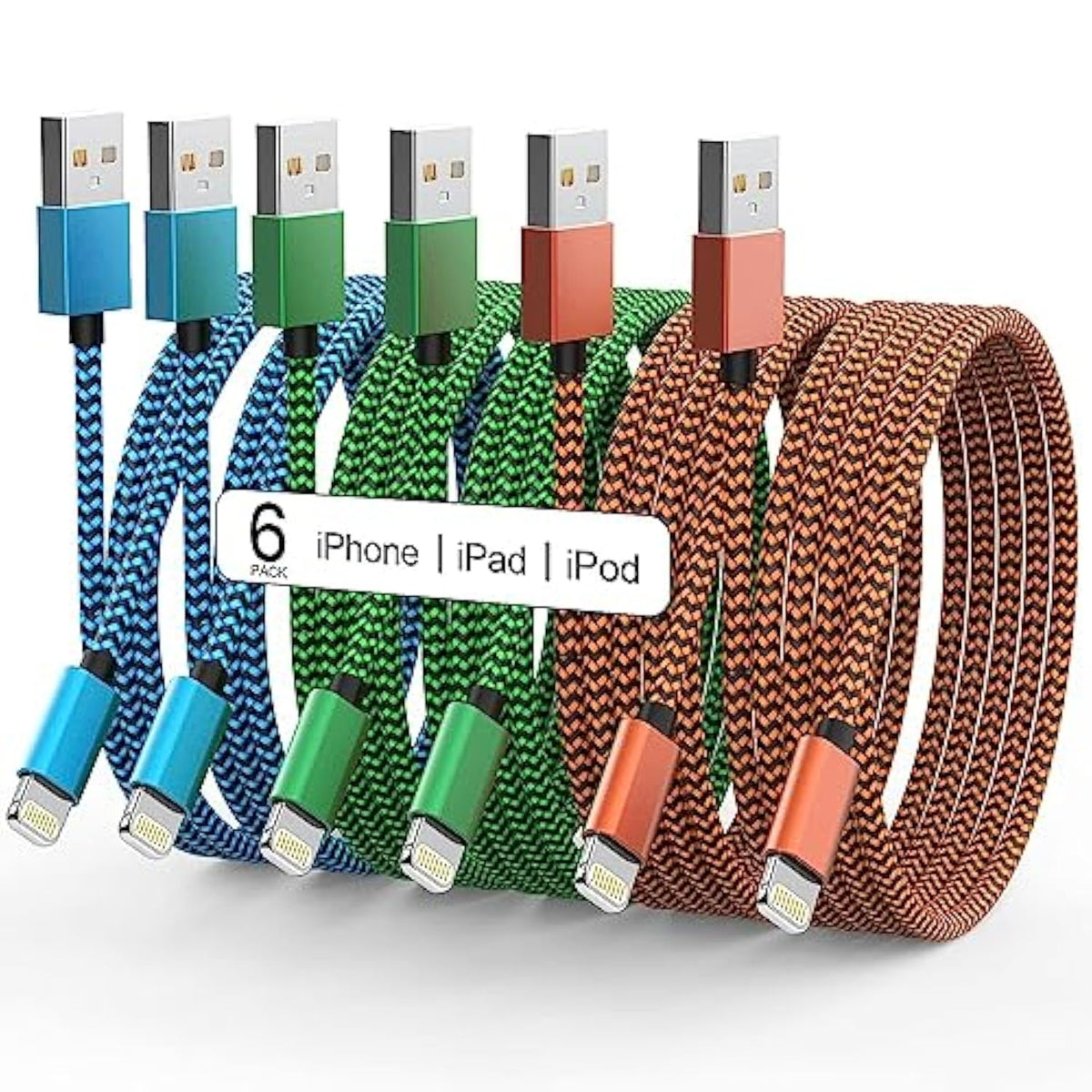 Apple Mfi Certified Iphone Charger 6Pack - 3/3/6/6/10/10 Ft Lightning Cable Nylon Braided Usb To Fast Charging Sync Cord Compatible Iphone 14/13/12/11 Pro Max/Xs/Xr/X/8/7/6 /Ipad