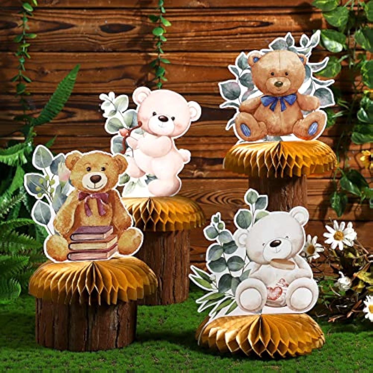 9 Pieces Bear Baby Shower Honeycomb Centerpieces Paper Bear Table Decorations Baby Shower Decorations Table Toppers For Birthday Party Favors Supplies, 9 Styles