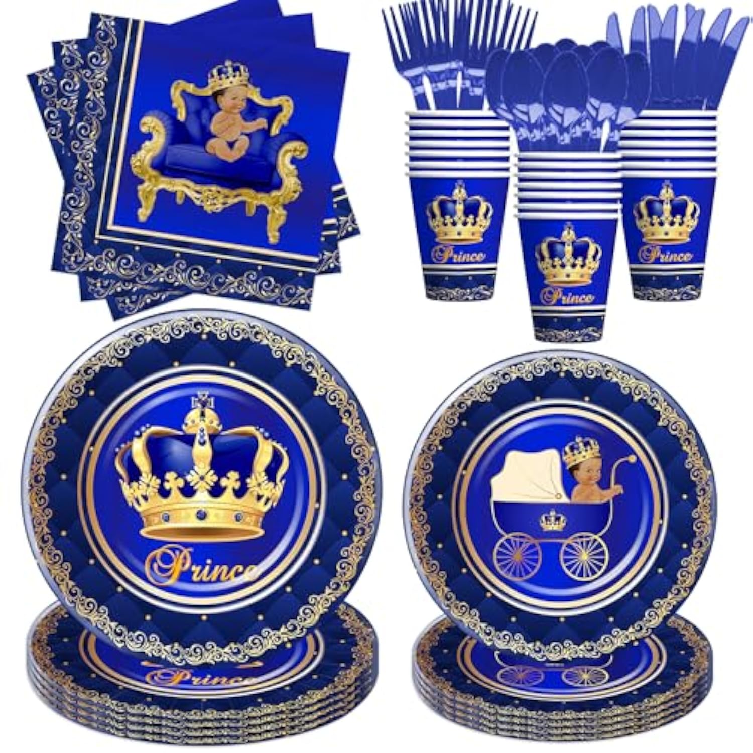 Royal Prince Baby Shower Decorations Party Tableware Boys - Blue Gold Little Prince Baby Boy Decorations Supplies, Plate, Napkin, Cup, Cutlery, Prince Baby Boy Table Decorations | Serve 24