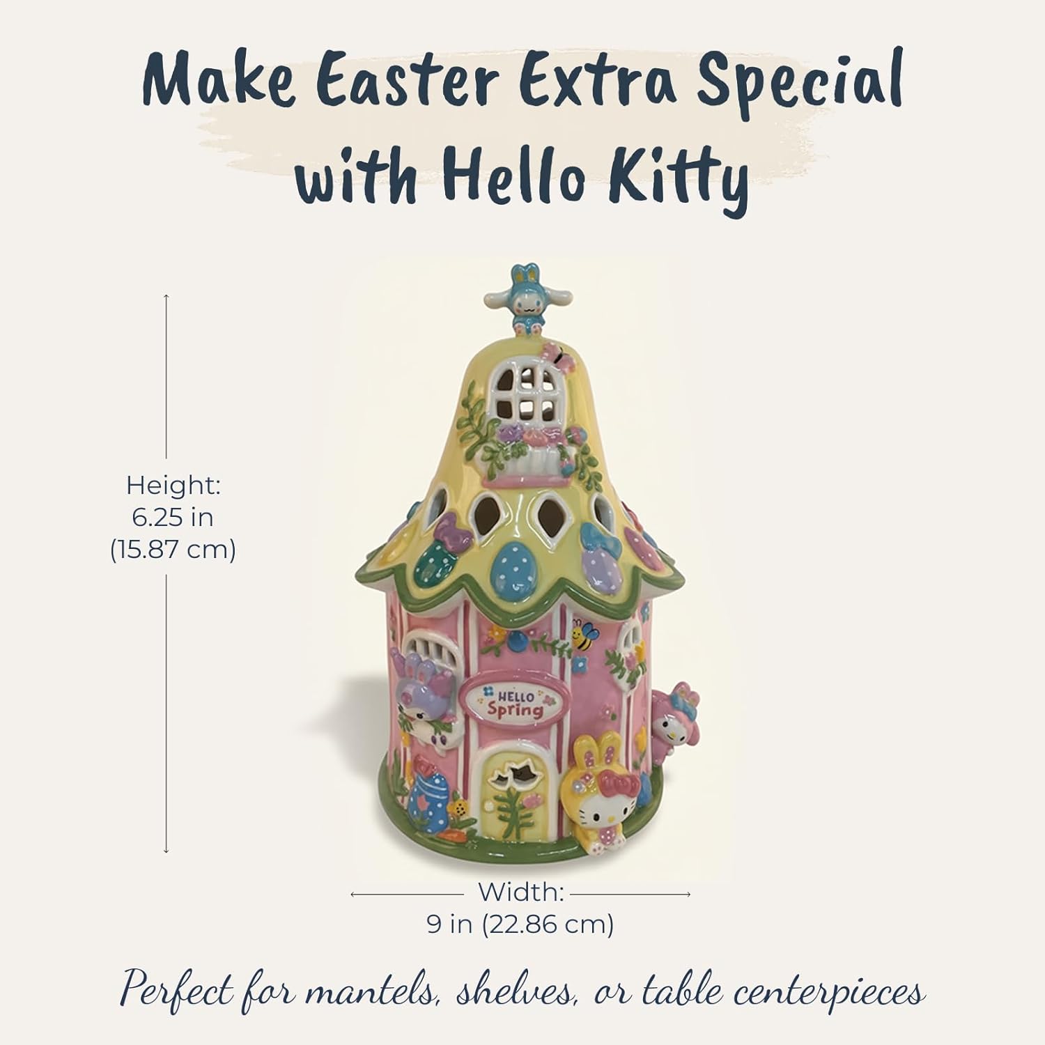 Blue Sky Clayworks Hello Kitty and Friends Easter Candle House, Ceramic, 6.25" L x 5.5" W x 9" H, Spring Windows Glow