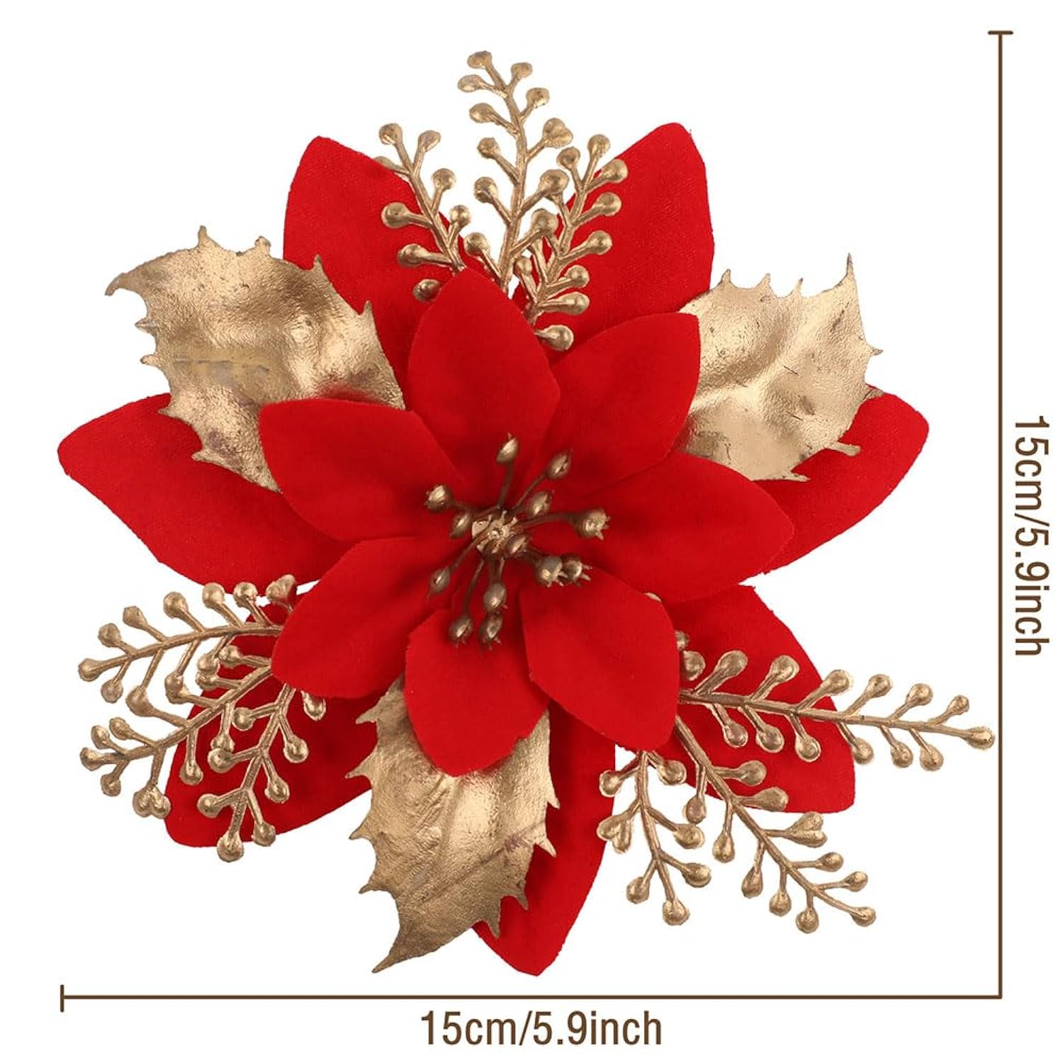 20Pcs Poinsettia Artificial Christmas Flower Decoration 5.9" Christmas Tree Decorations With Clips For Xmas Wreatrh Diy Crafts, (Gold Red)