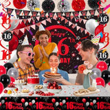 16Th Birthday Decorations For Boys Girls Red And Black, Happy 16Th Birthday Backdrop Banner, 16 Birthday Party Decorations Balloons Triangle Flag Tablecloth, 16 Year Old Boy Girl Bday Party Supplies