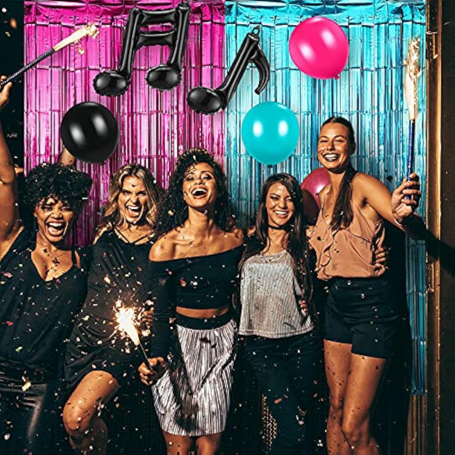 Music Birthday Party Decor Set: Tinsel Curtains & Music Note Balloons