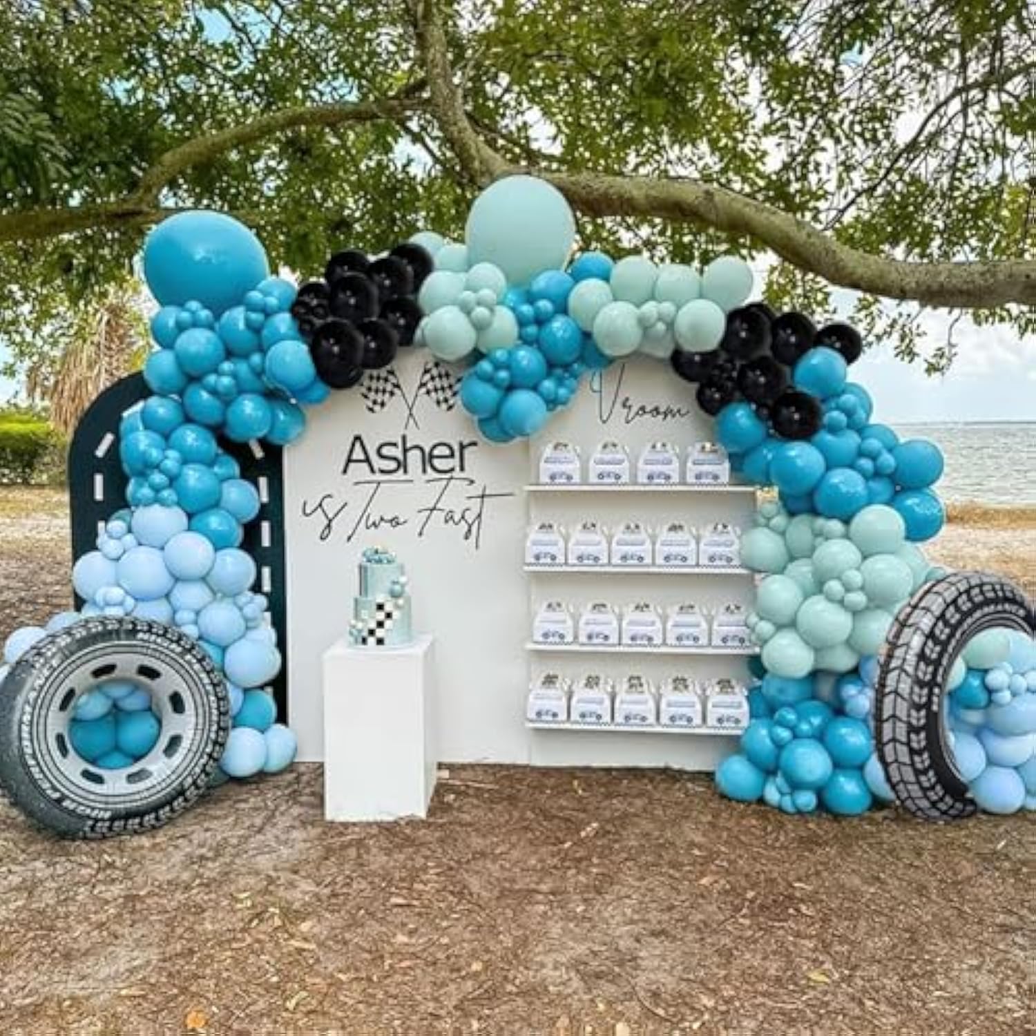 Race Car Blue Balloons Arch Kit,Pastel Dusty Blue Green Balloon Garland Kit For Two Fast Birthday Baby Shower Party Decorations…