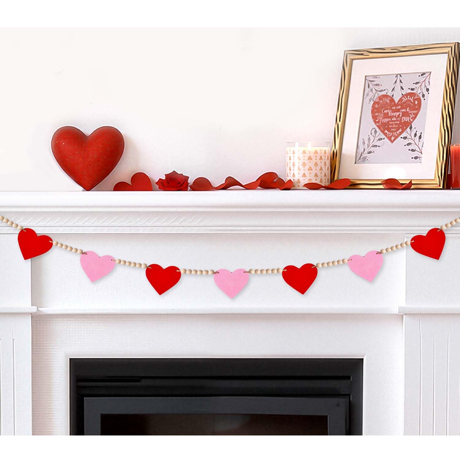 Valentines Day Decorations Valentines Decor No Diy Wooden Red Pink Hearts With Bead Garland Banner For Home Fireplace Mantle Windows Wall Decor Wedding Anniversary Party