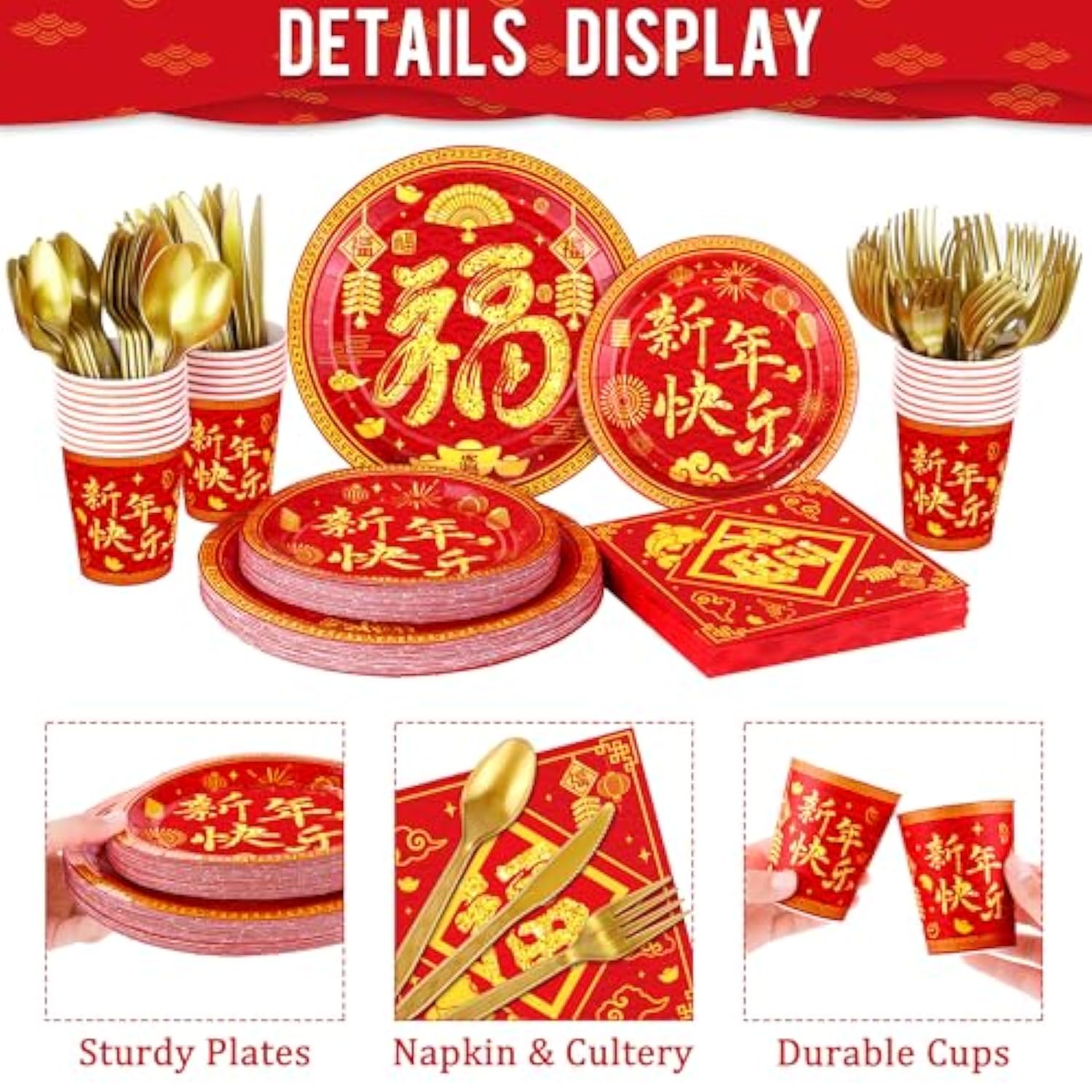 170Pcs Chinese New Year Tableware Set, Red & Gold Festival Design For 24 Guests, Includes Plastic Cutlery, Paper Plates, Cups & Napkins, Tablecloths, Spring Occasion