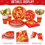 170Pcs Chinese New Year Tableware Set, Red & Gold Festival Design For 24 Guests, Includes Plastic Cutlery, Paper Plates, Cups & Napkins, Tablecloths, Spring Occasion