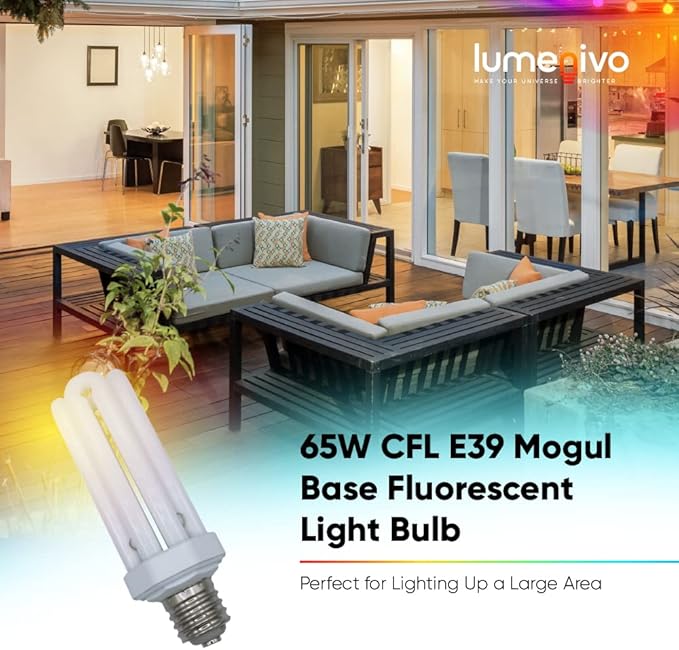 65W CFL Bulb E39 Mogul Base 6500K Daylight 300W Equivalent Quad Tube 4U Security Light 2 Pack