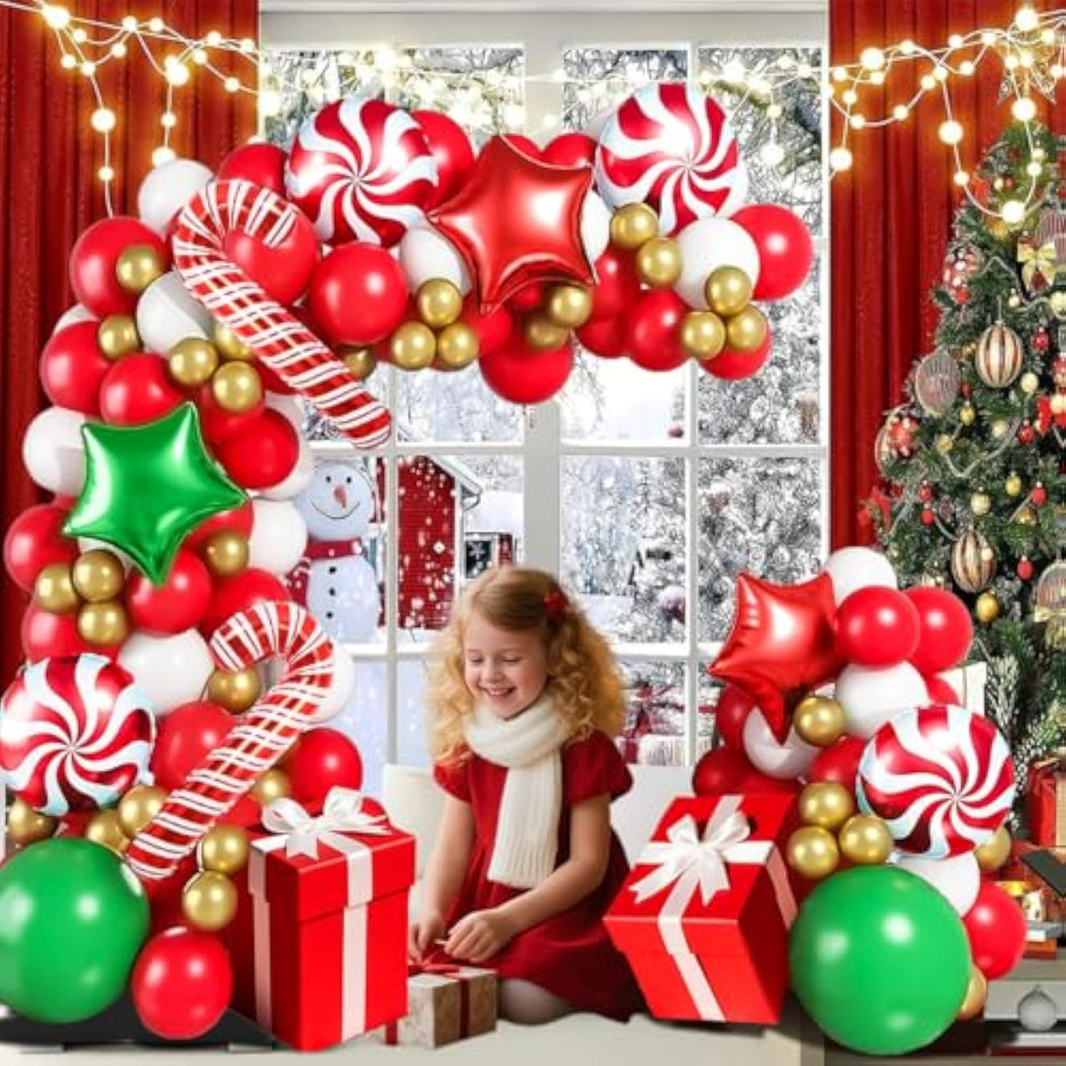 129pc Red Green White Gold Christmas Balloon Arch Kit with Candy & Star Foils