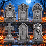 Graveyard Halloween Tombstones Decorations Outdoor: 6 Pcs Large Tombstone Halloween Yard Signs with Stakes, Realistic Scary Skeleton RIP Gravestones Lawn Cemetery Halloween Decor Front Lawn Garden Haunted House Props