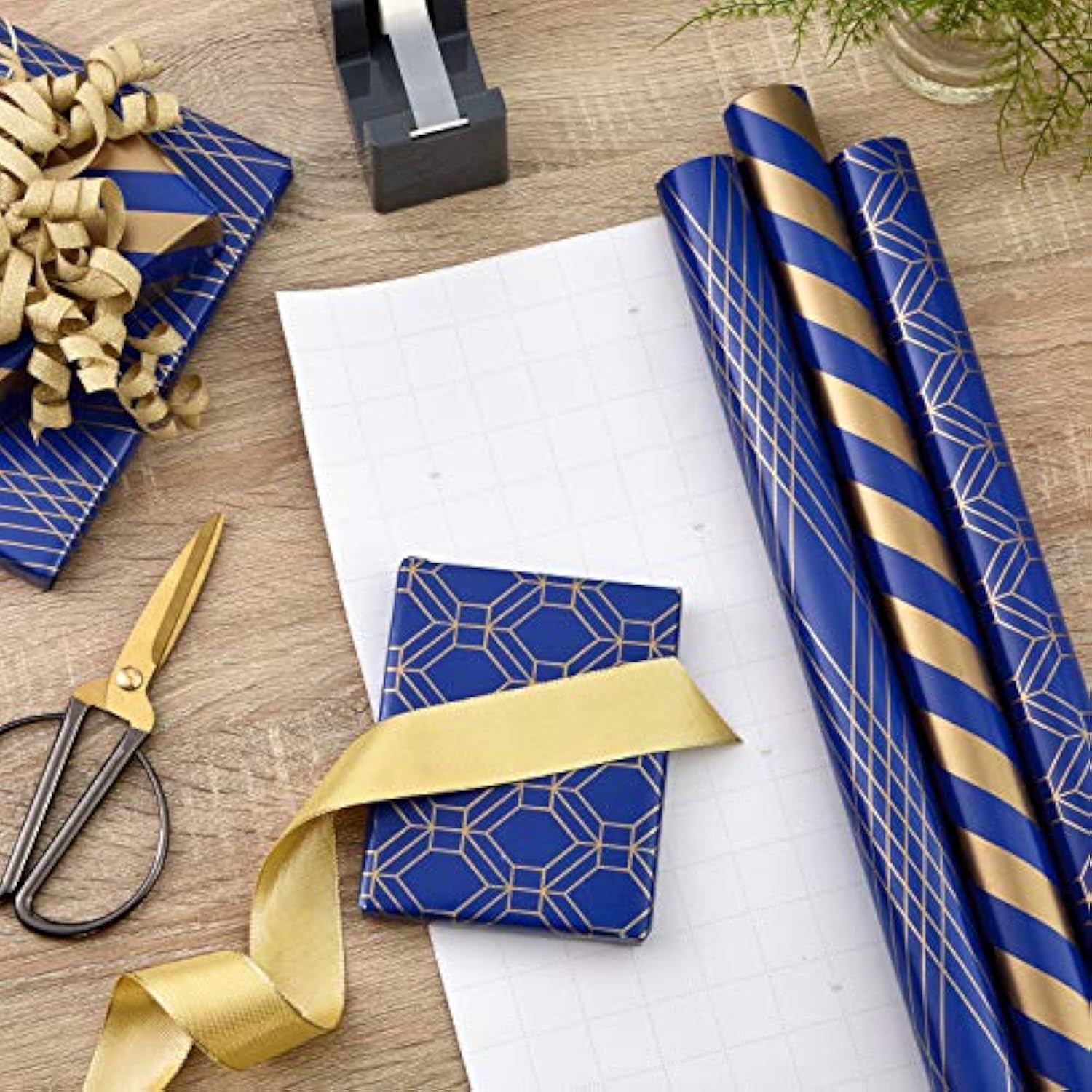 Hallmark Navy Blue and Gold Wrapping Paper Rolls for Graduation, Birthday, Wedding, Father's Day, All Occasion - Metallic Striped and Geometric Gift Wrap Paper (Set of 3 Rolls: 105 sq. ft. ttl.)