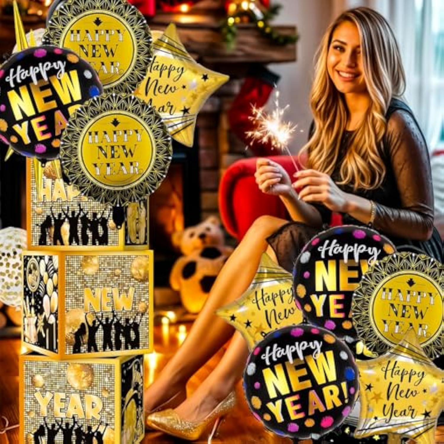 9pcs Black Gold New Year 2026 Star & Round Foil Balloons Decorations