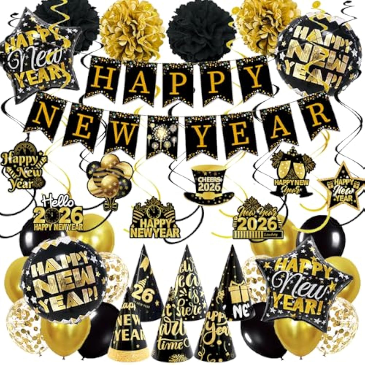 2026 New Year Party Decorations Black Gold Banner Balloons Hats Photo Props