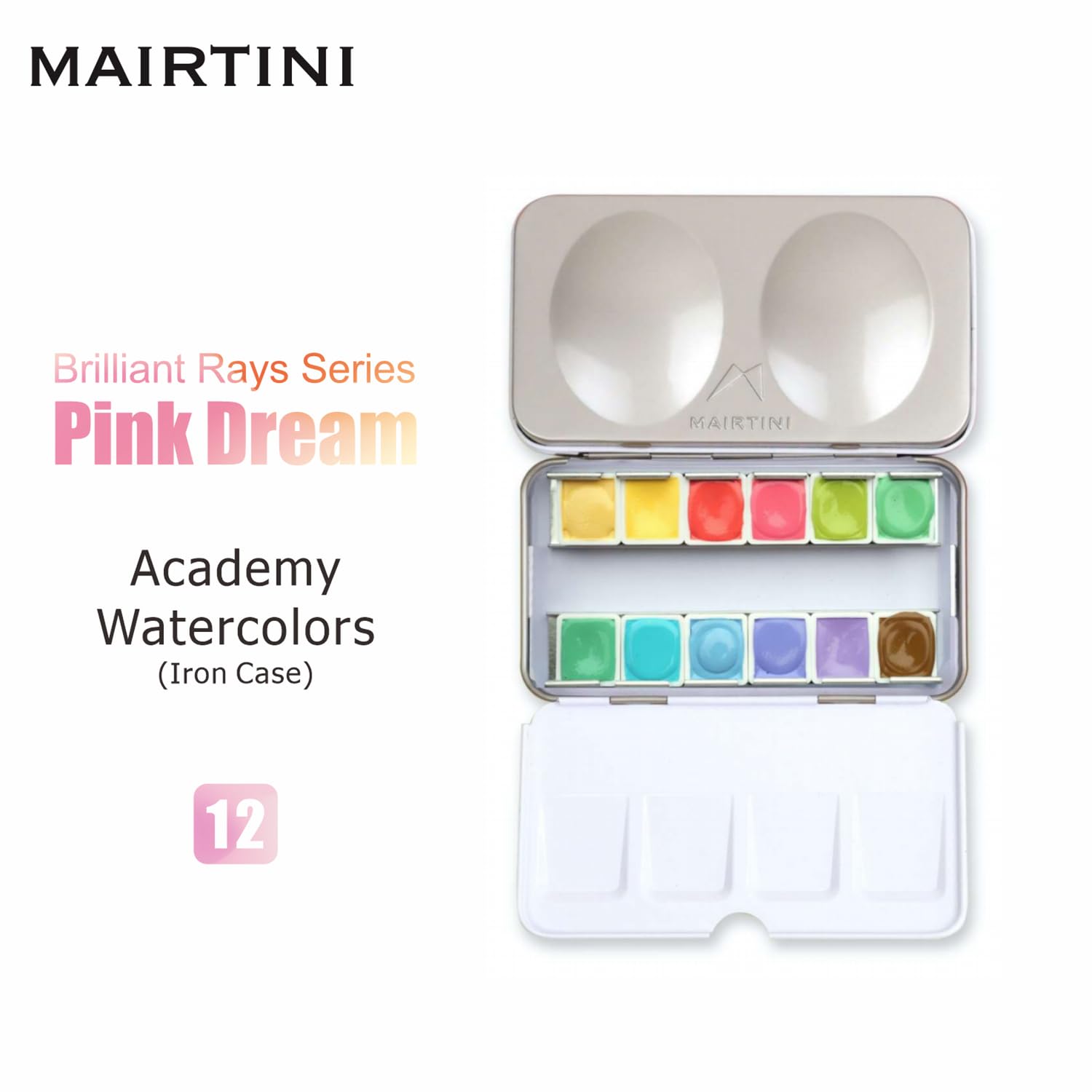 Mairtini Academy Grade Brilliant Series Half-Pan Solid Watercolor Paint Set With Iron Case 12Pcs?Pink Dream?