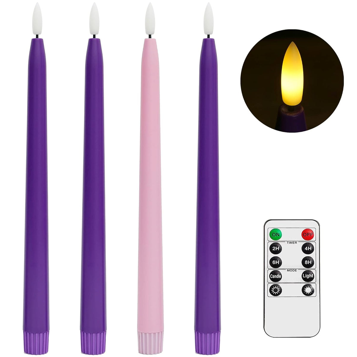 Flameless Advent Candles, Set Of 4 - Flickering Led Flame, 11 Inch Taper Candlesticks, Remote Controlled, Purple And Pink For Christmas Wreath