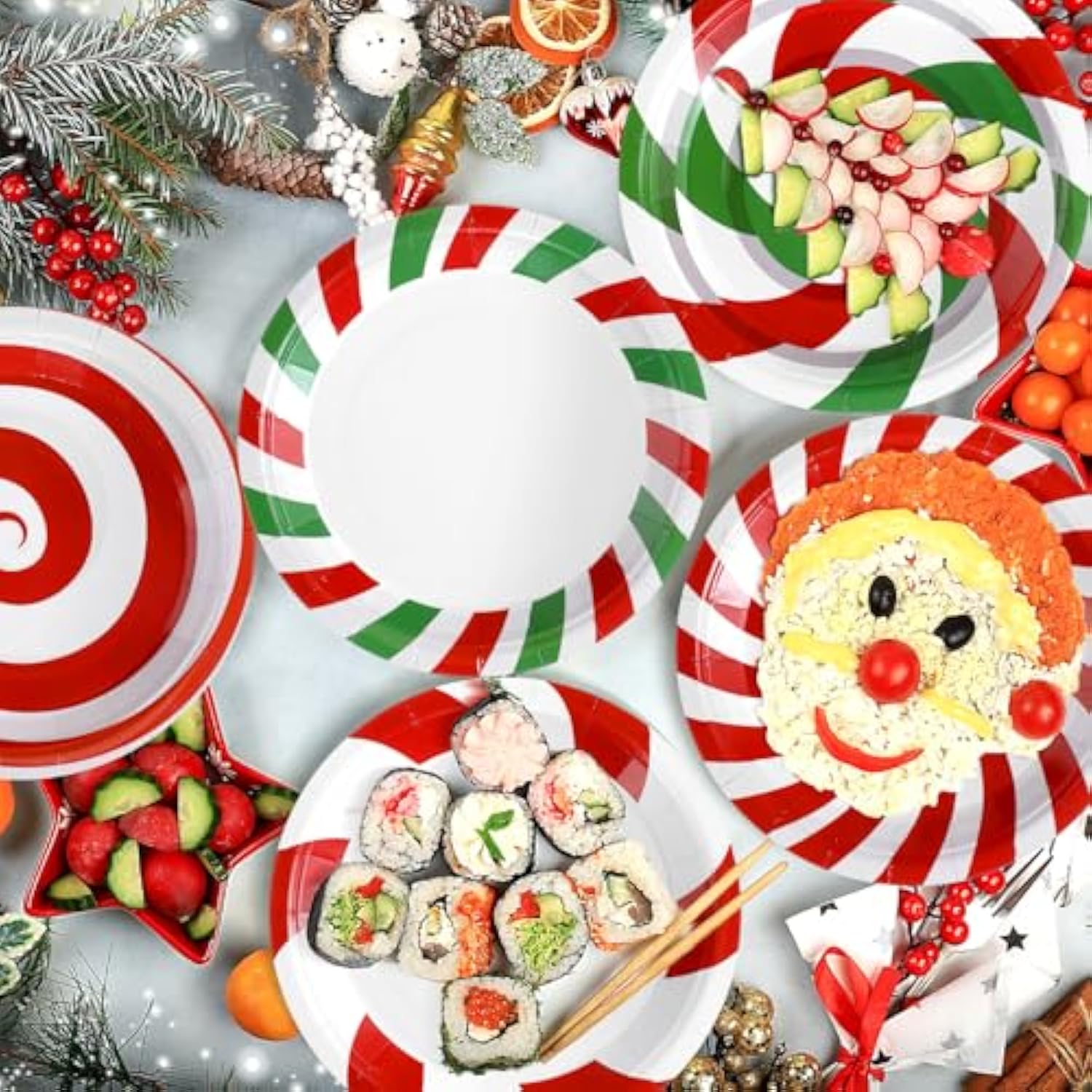 96 Pcs Christmas Candy Paper Plates 7 Inch Disposable Peppermint Dinner Plates For Xmas Birthday Party Table Decoration Supplies