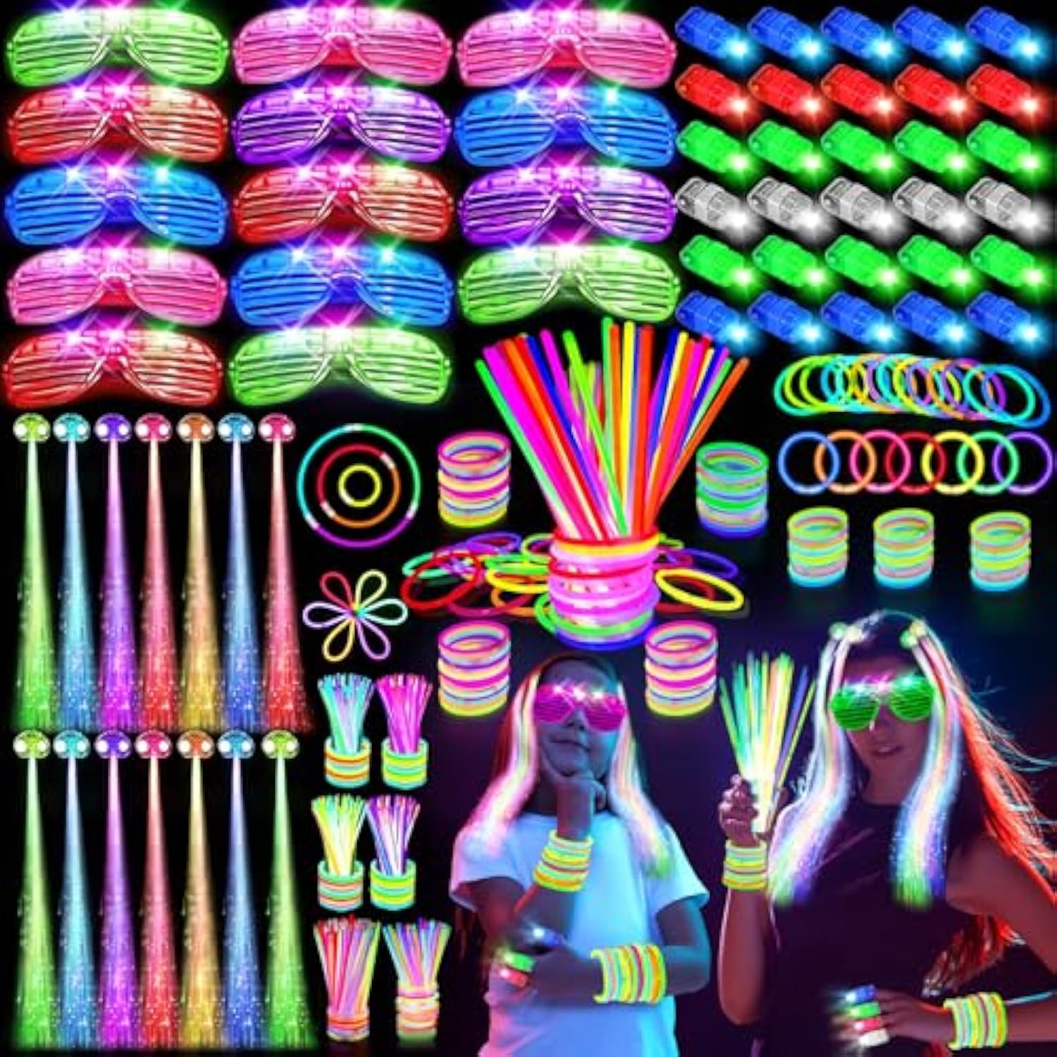 158 Pcs Glow In The Dark Halloween Party Supplies, 14Pcs Led Glasses, 30Led Finger Lights, 14Led Light Hairs And 100Pcs Glow Sticks Bracelets, Neon Party Favors For Wedding,Concert, Birthday