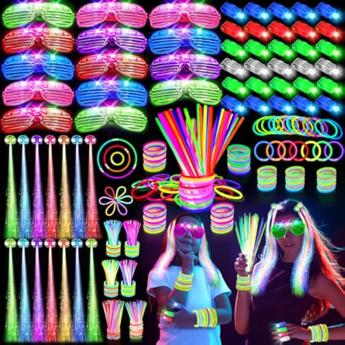 158 Pcs Glow In The Dark Halloween Party Supplies, 14Pcs Led Glasses, 30Led Finger Lights, 14Led Light Hairs And 100Pcs Glow Sticks Bracelets, Neon Party Favors For Wedding,Concert, Birthday