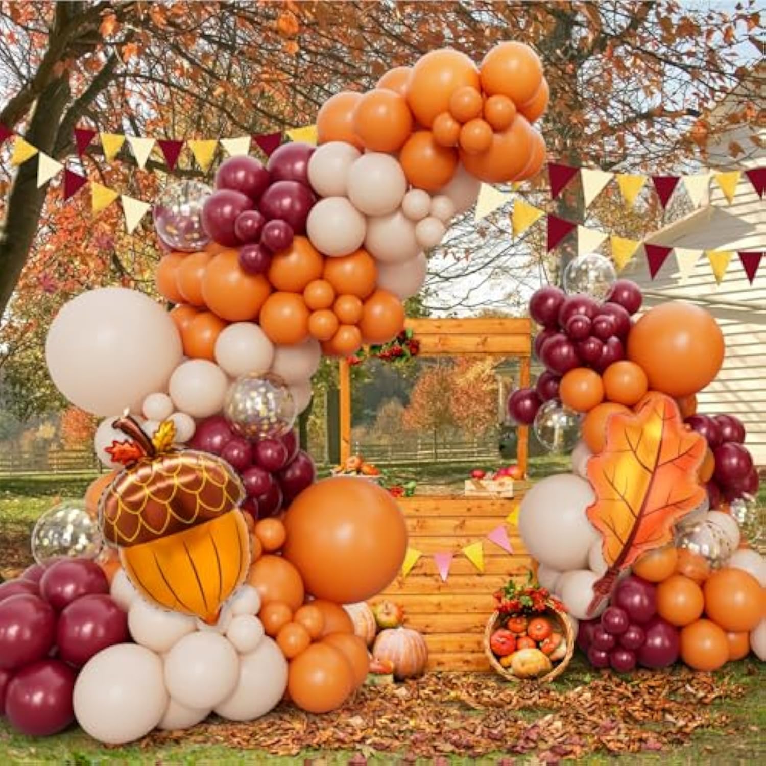 Fall Thanksgiving Balloon Arch Kit with Burgundy Orange Nude Confetti Balloons
