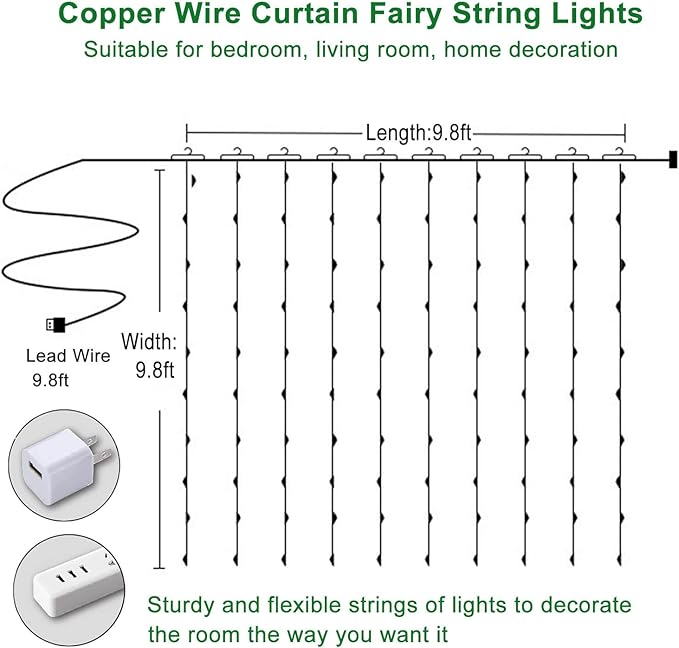300 LED Blue Curtain Fairy Lights 9.8FT x 9.8FT Twinkle String Lights with Remote Control 8 Lighting Modes for Bedroom Wedding Party Indoor Outdoor Decor