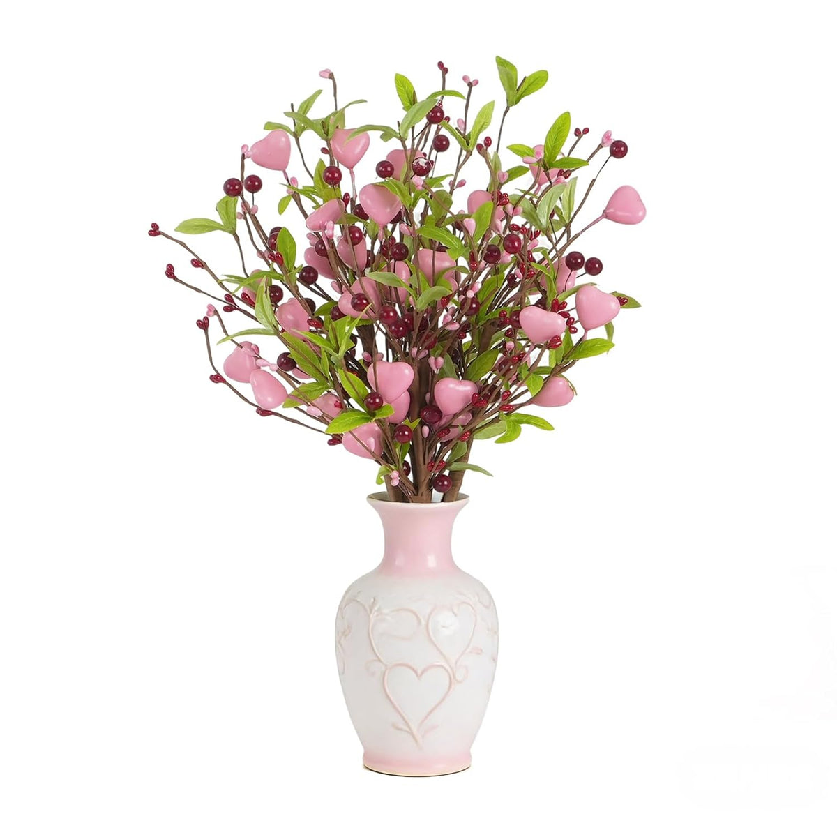 18 Inch 6 Pcs Valentine Pink Heart Berry Green Leaf Branch Vase Decor, For Indoor Table Centerpieces Cabinet Valentine Wedding Anniversary Candlelight Dinner Decor