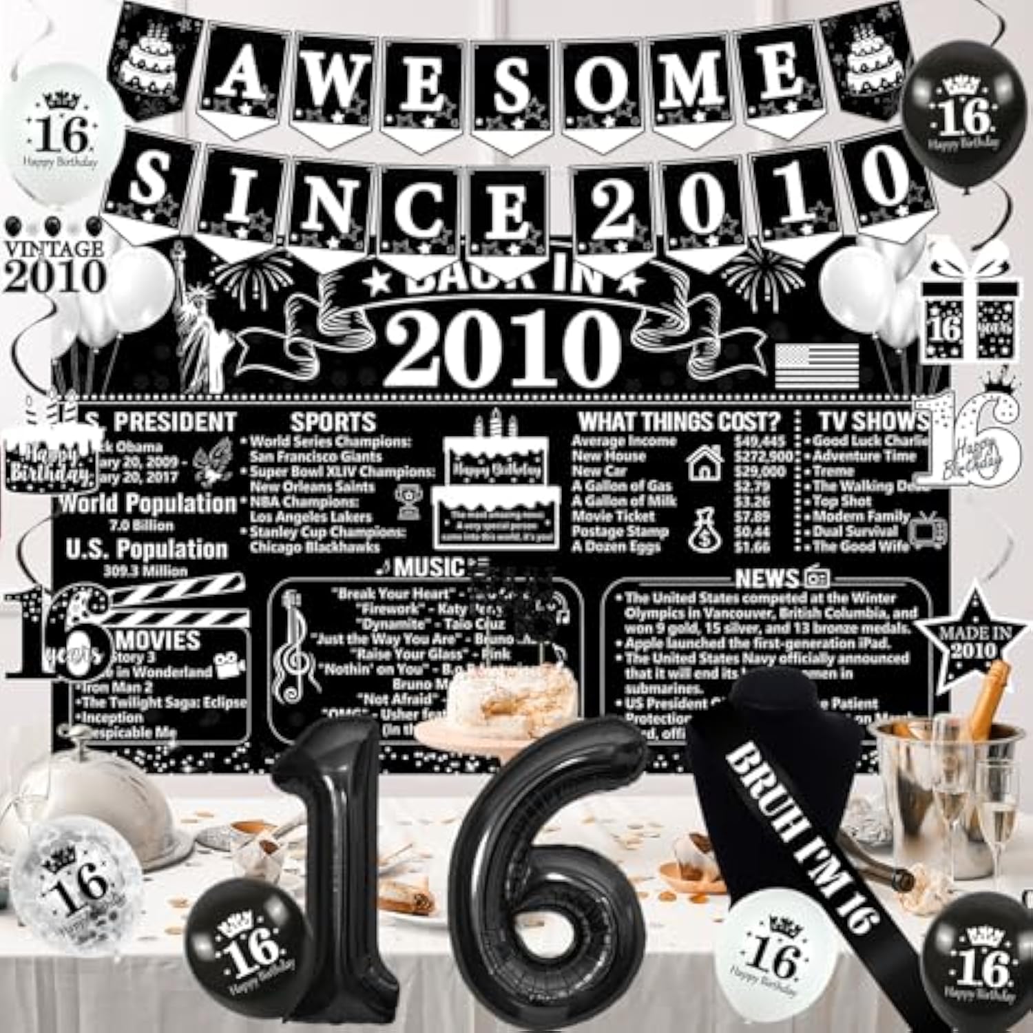 Happy 16Th Birthday Decorations For Boys, Black And White Back In 2010 Birthday Party Supplies, 2010 Poster Banner, Bruh I'M 16 Sash, 16Th Cake Topper, Latex Balloon, 16 Year Old Set
