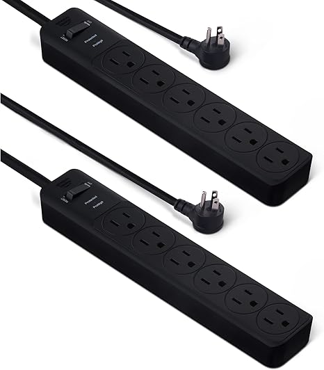 2 Pack 6 Outlet Surge Protector Power Strip 600 Joules 2FT Extension Cord with Circuit Breaker Black