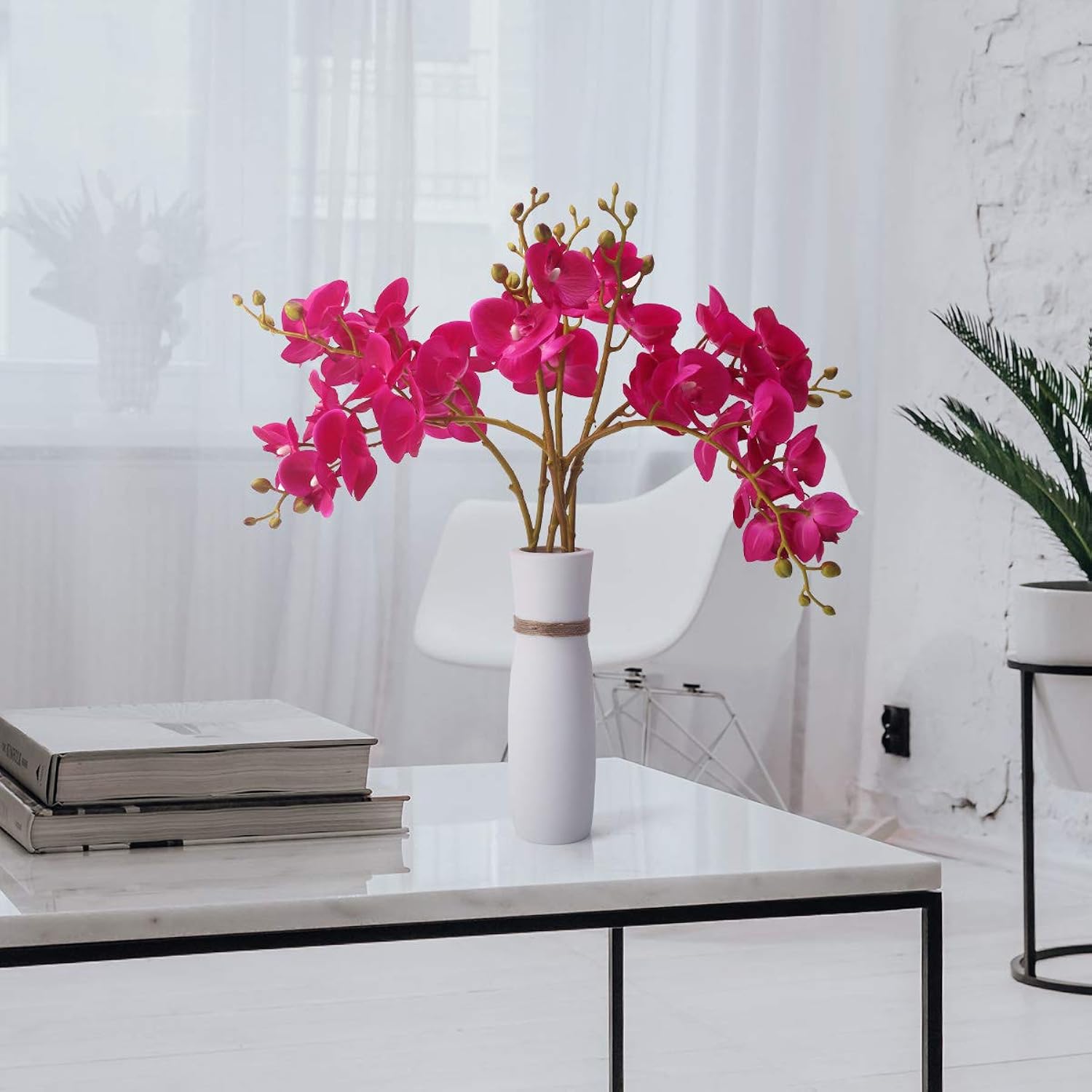Artificial Flowers Faux Butterfly Orchid 4 Pcs Real Touch Double Branch Silk Flowers (No Vase) For Wedding Home Party Hotel Yard Decoration Restaurant Patio Festive Furnishing (Fuchsia)