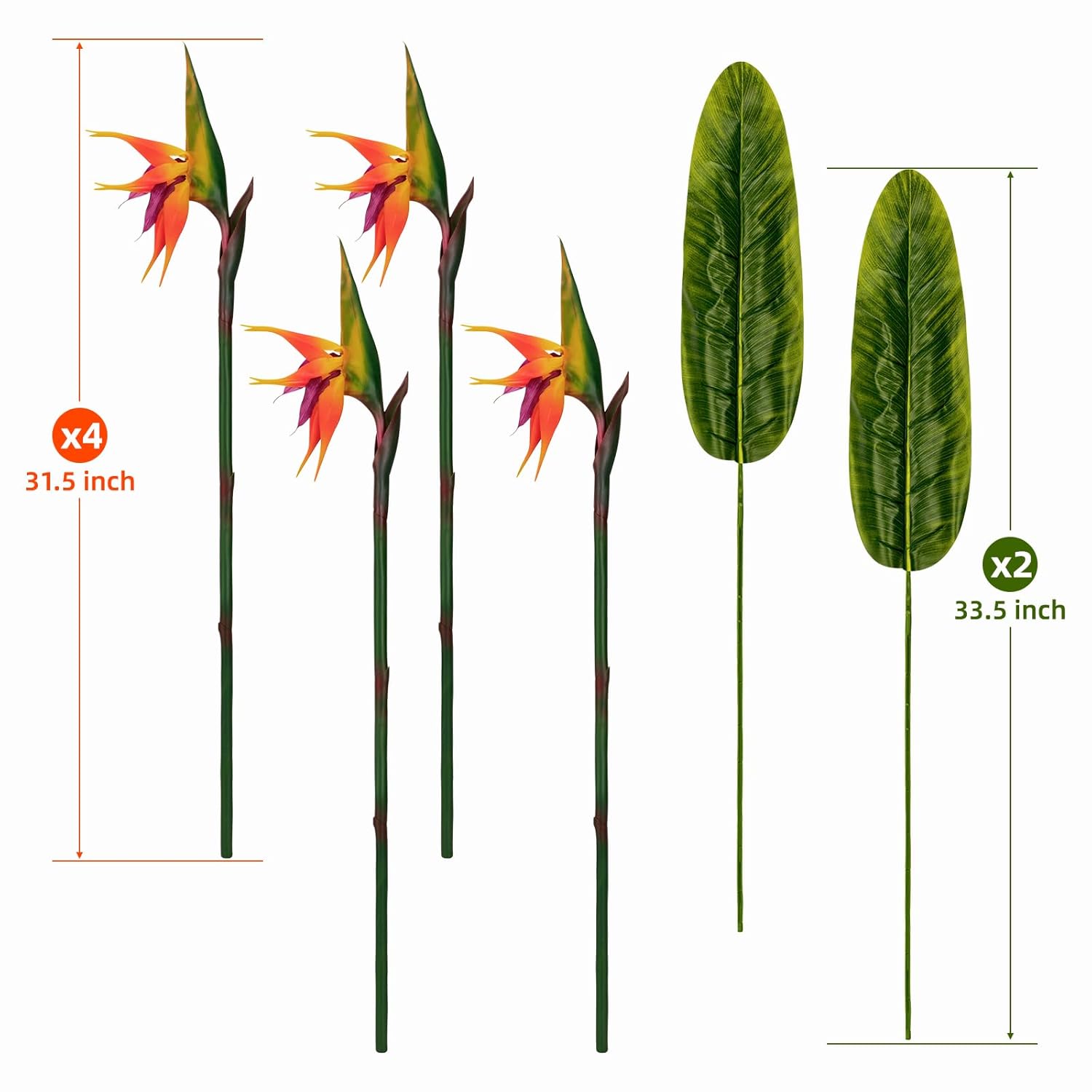 Artificial Bird Of Paradise Flowers Real Touch 31.5'In Long Stem Flower 4 Pcs, With Bird Of Paradise Leaves 33.5'In Long Stem Greenery Plants 2 Pcs,For Home Garden Wedding Party Decor (Orange 6 Stems)