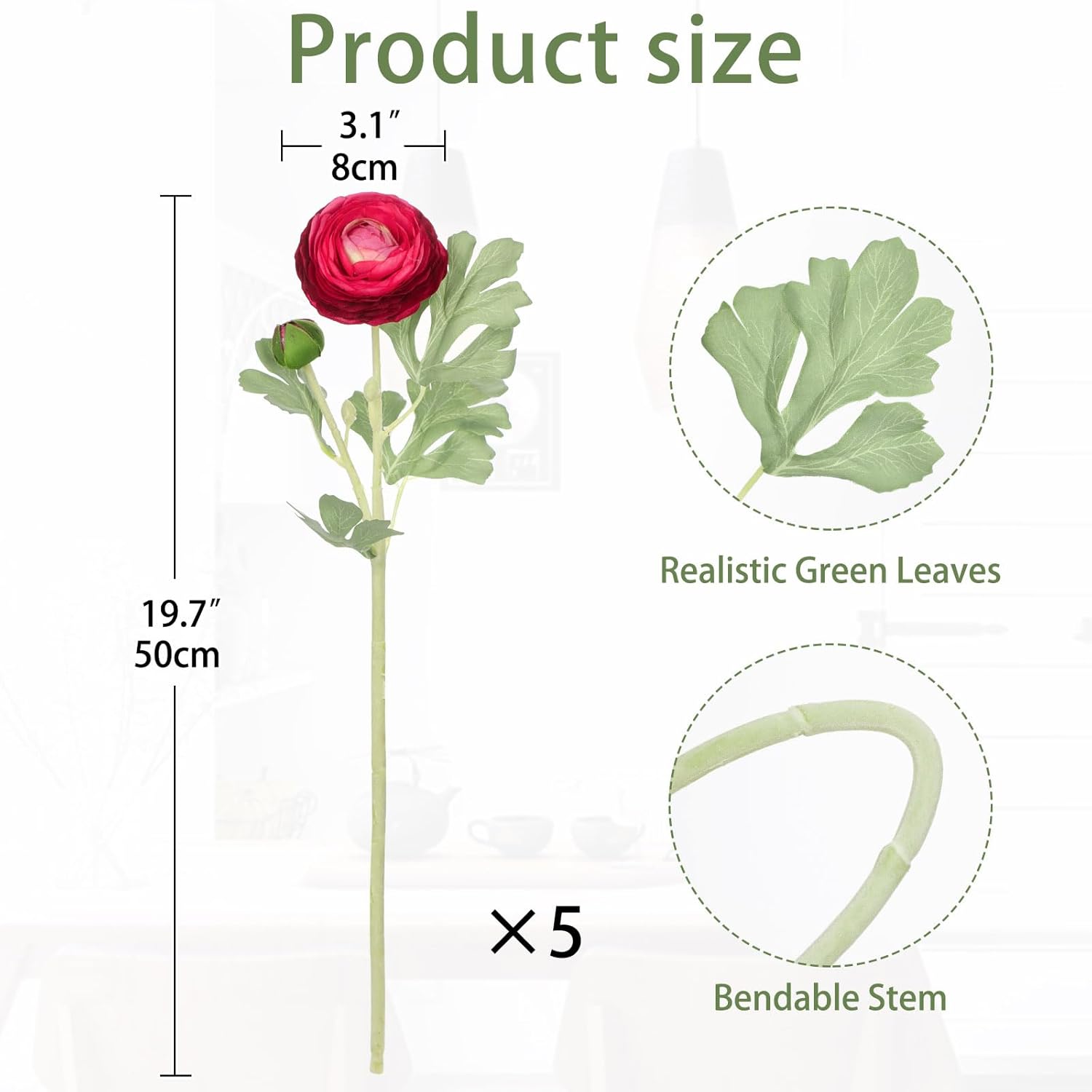 19.7" Red Artificial Flowers Ranunculus Flowers 5Pcs Silk Fake Ranunculus Flowers Faux Buttercup Flower With Long Stem Arrangement For Diy Party Centerpiece Bouquet Table Home Decoration