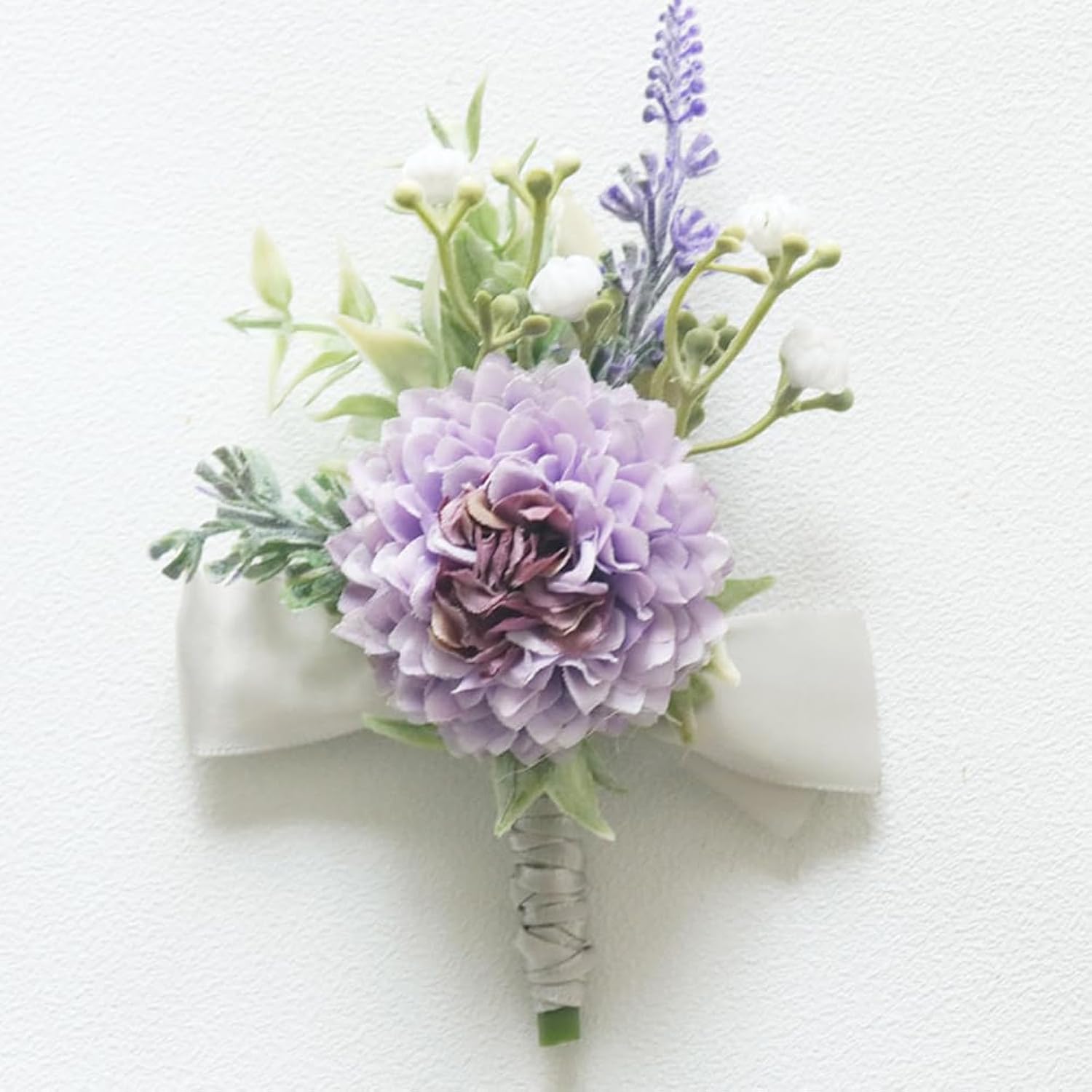 2 Pieces Artificial Wrist Corsage And Boutonniere Set, Groom Groomsmen Bride Bridesmaids Wedding Flowers Accessories Prom Party Suit Decorations - Pale Purple