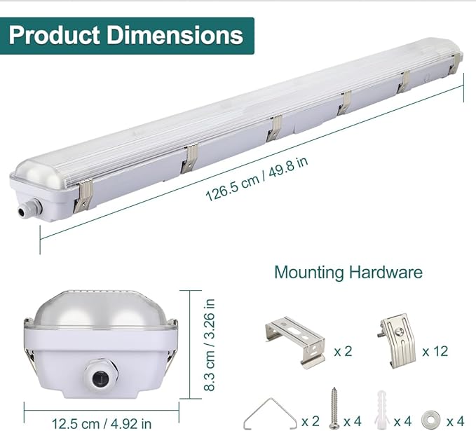 6 Pack 4FT LED Vapor Tight Lights 40W 5600LM 5000K IP65 Surface Mount Fixtures with T8 Tubes