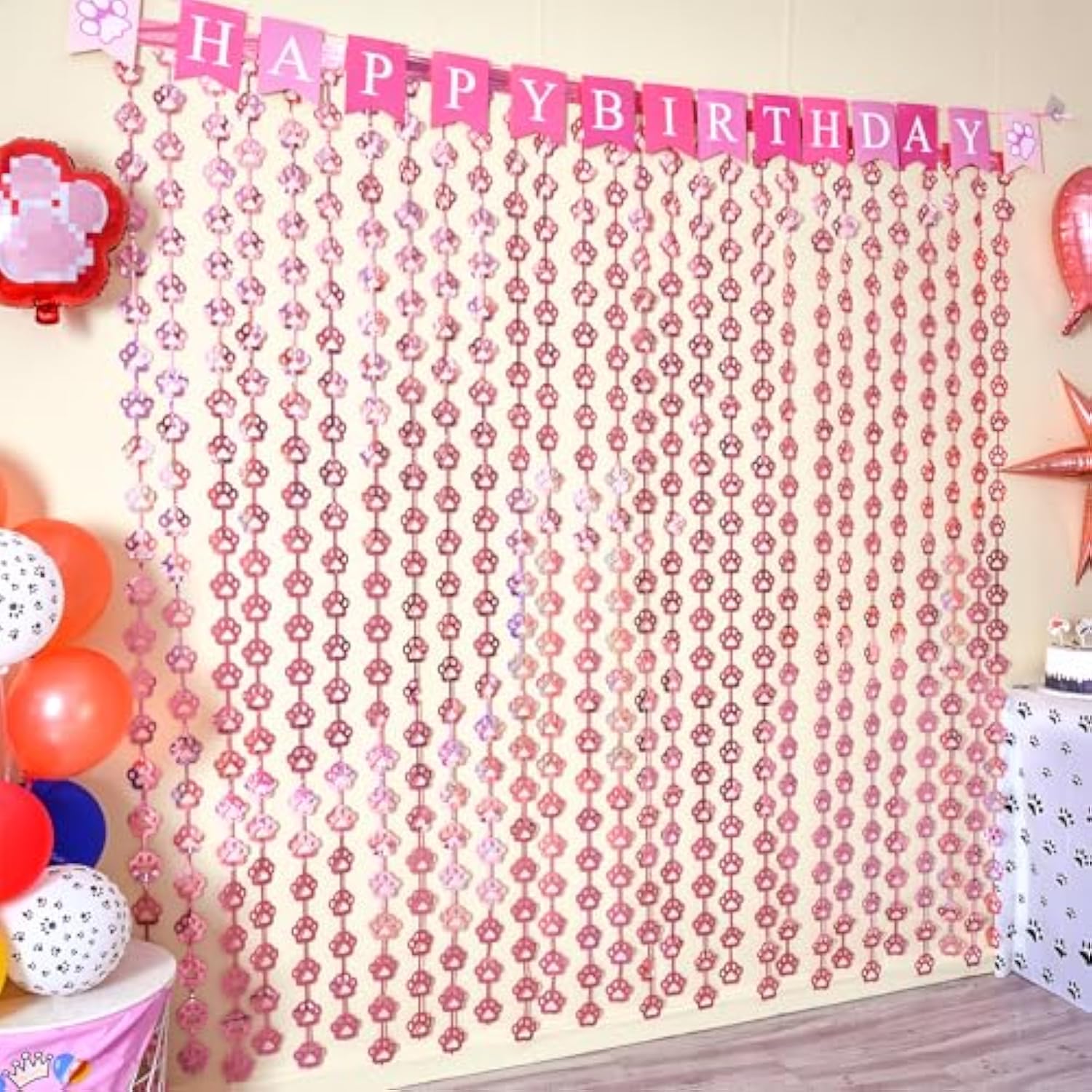 Pink Dog Birthday Party Decorations: Paw Print Foil Fringe Curtains