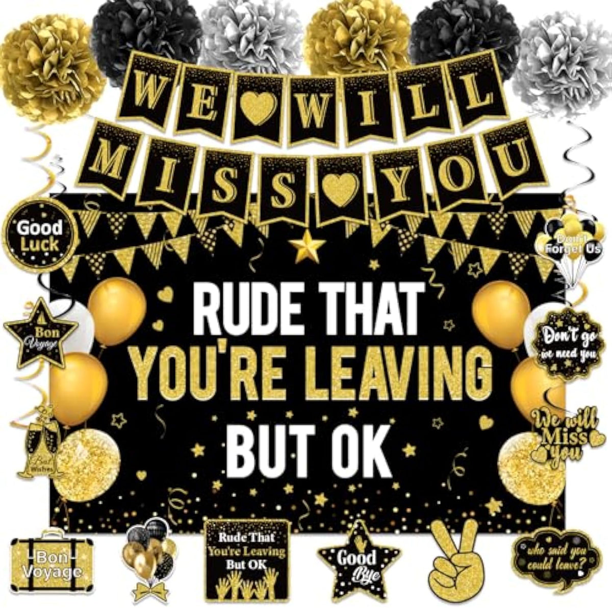 Farewell Party Decoration Kit: Black & Gold Banner, Swirls, Pompoms