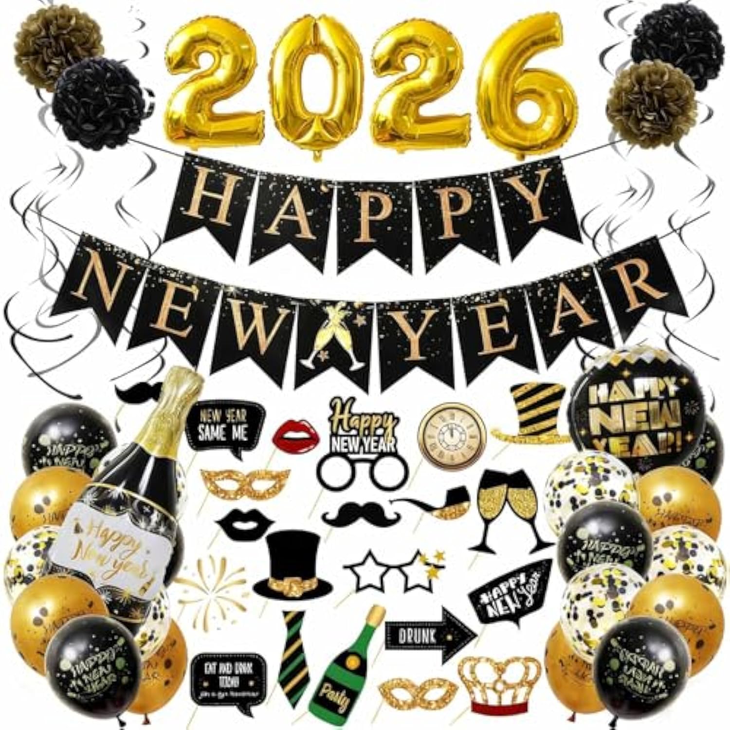 Happy New Year 2026 Party Supplies Foil Balloons Banner Streamers Pom Poms