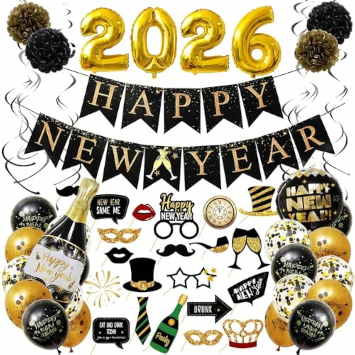Happy New Year 2026 Party Supplies Foil Balloons Banner Streamers Pom Poms