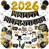 Happy New Year 2026 Party Supplies Foil Balloons Banner Streamers Pom Poms