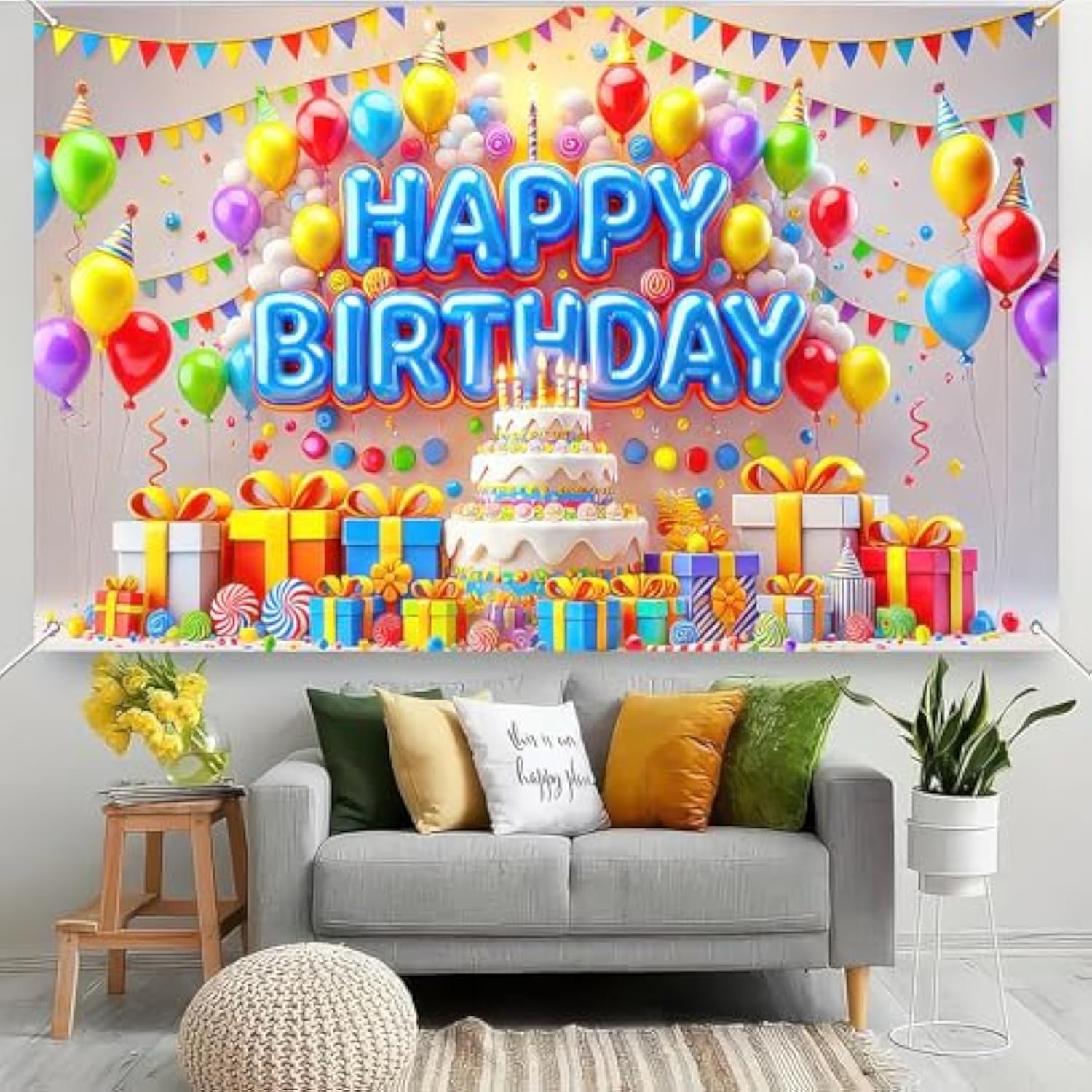 Happy Birthday Banner 71X43 Inch Kids Party Decoration With Cake And Balloons Backdrop For Girl Boys Backdrop Happy Birthday Scene Wall Display For Celebration Outdoor Patio Lawn
