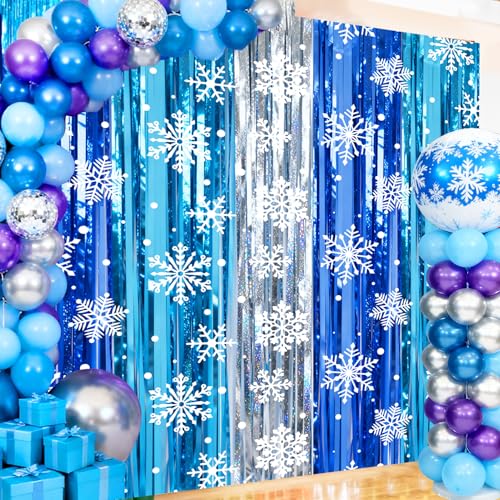 2 Packs Snowflake Foil Fringe Curtain, Blue Silver Ice Glitter Metallic Tinsel Backdrop for Princess Birthday Baby Shower Santa Claus Christmas Winter Wonderland Party Decoration Supplies