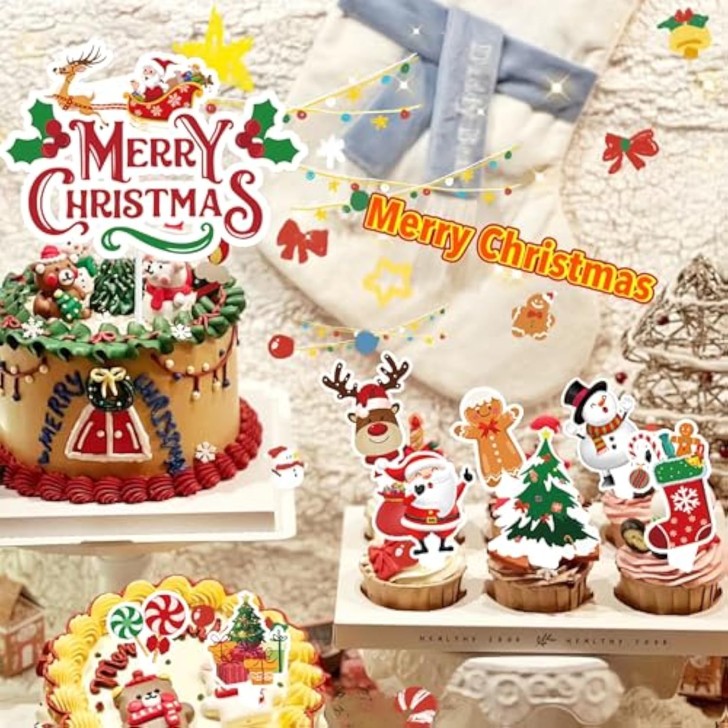 Christmas Cupcake Toppers 73Pcs Santa Claus Gingerbread Man Snowman Elk Socks Gift Cake Decorations For Merry Christmas Party Supplies