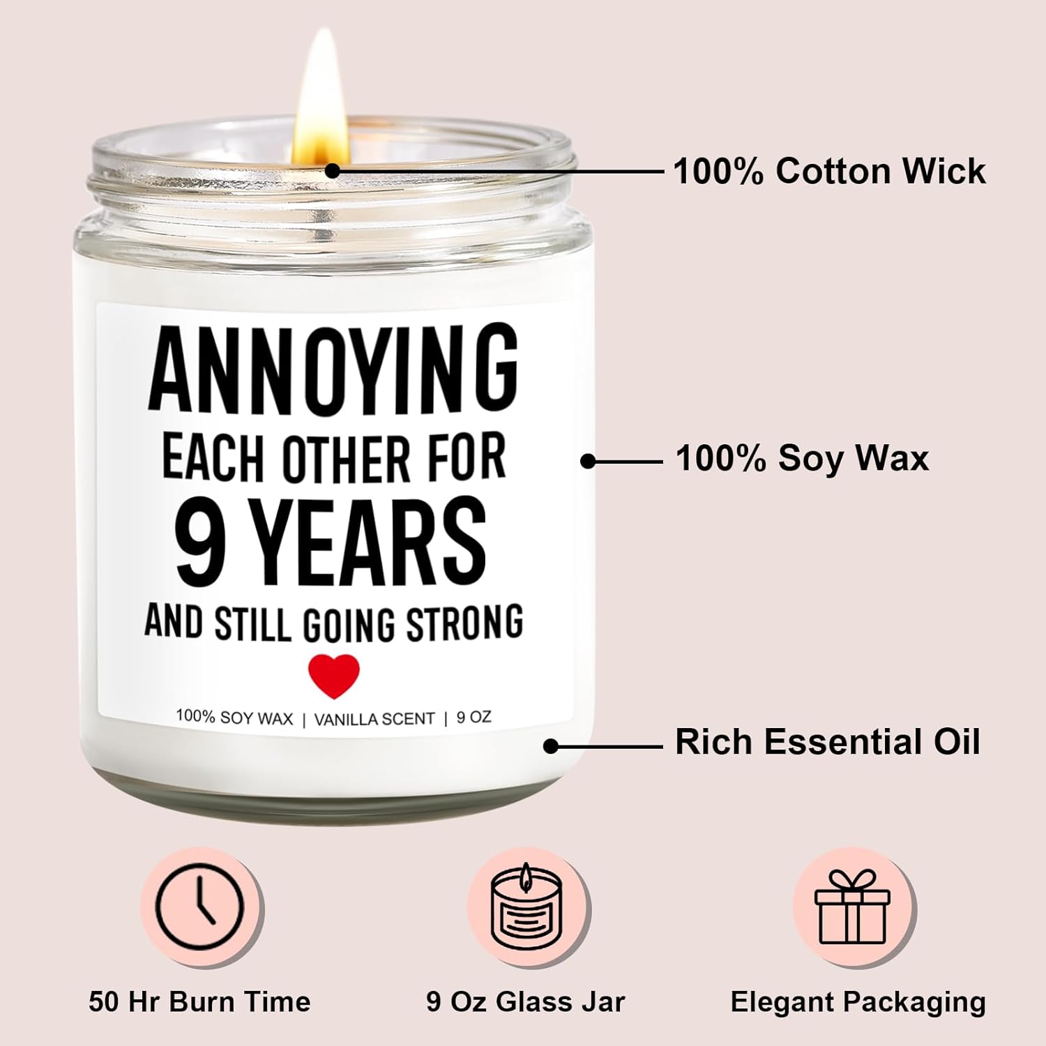 Funny Scented Candle, 9 Year Anniversary, Gifts For Him, Her, 9Th Anniversary, Gifts For Husband, Wife, Couple, 9 Year Wedding Anniv. Pottery Presents For Men, Women
