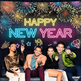 Extra-Large Neon Happy New Year Banner 72x44 Inch Glow Party 2026