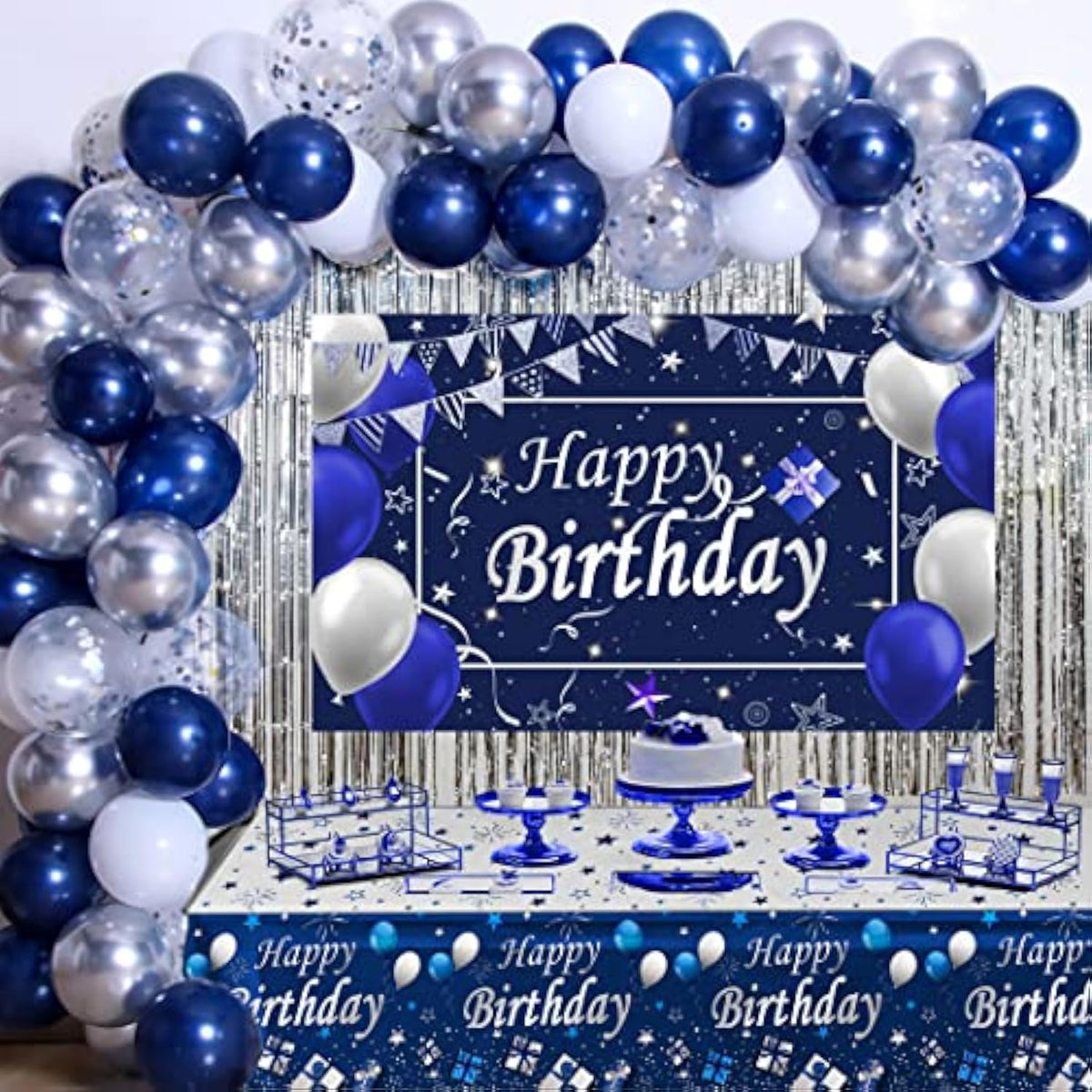 Blue Birthday Party Decor Kit for Men & Women with Balloons, Backdrop, Tablecloth and Curtains