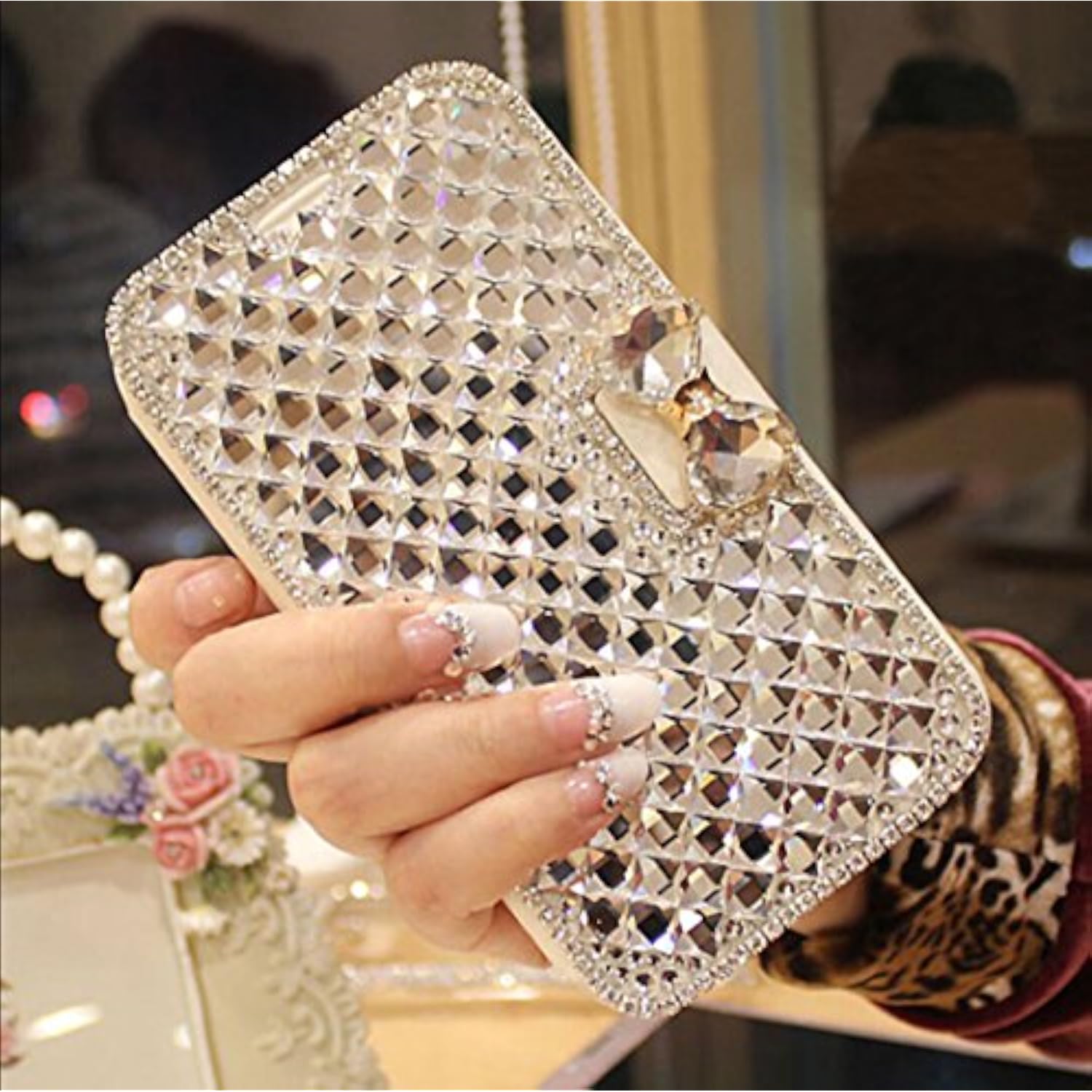 Luxury Crystal Diamond Rhinestone Wallet Case for Women iPhone 13, Cute Shiny Bling Glitter Bowknot Flip Stand Protective Full Body Cover with Card Slot