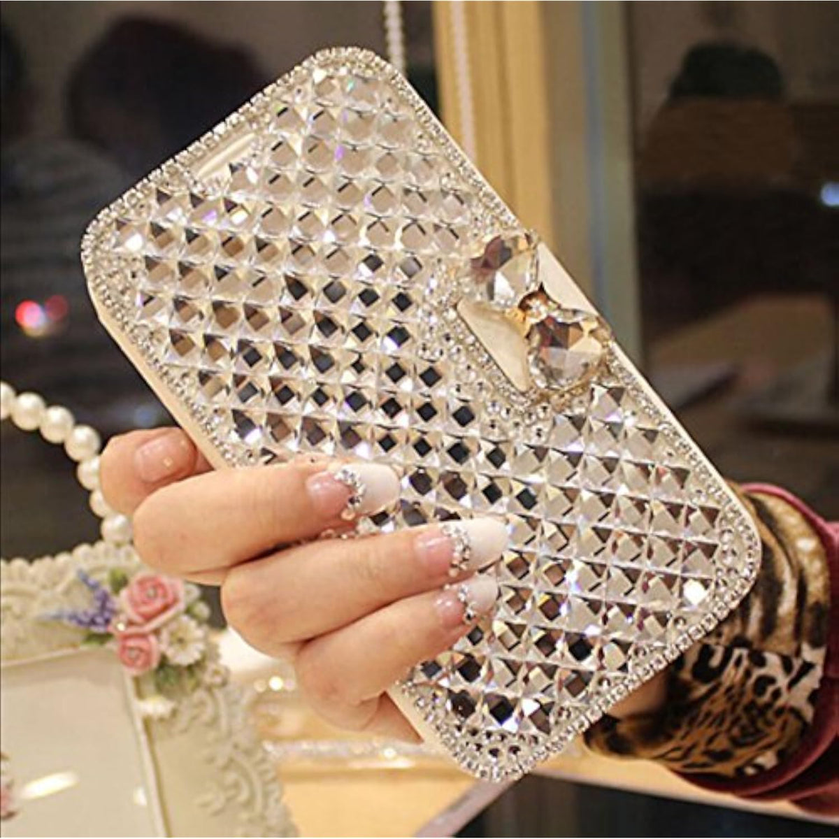 Luxury Crystal Diamond Rhinestone Wallet Case for Women iPhone 13, Cute Shiny Bling Glitter Bowknot Flip Stand Protective Full Body Cover with Card Slot