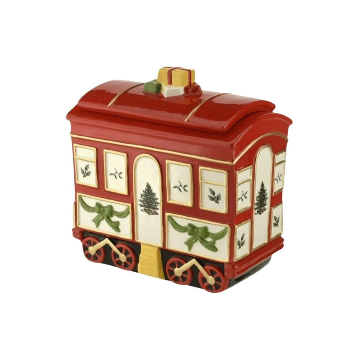 Christmas Tree Cookie Jar With Lid, 8.5" Ceramic Holiday Train Car Dish For Cookies, Candy, Nuts - Festive Christmas Home Decor & Holiday Treats Jar - Great For Collectors
