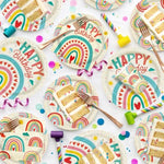 Retro Rainbow Themed Happy Birthday Party Supplies Set - Vibrant Disposable Paper Plates, Cups And Napkins - Fun & Colorful Design For Boys/Girls - For 16 Guests